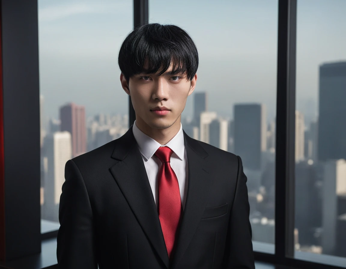 Photorealistic, solo, young male, looking at viewer, Chinese Japanese Korean, light skin, 27 years, model, bowl cut wavy black hair, side swept bangs, (black suit with red tie:1.1), dark lighting, foreboding, standing in luxury office, (city background from window:1.1)