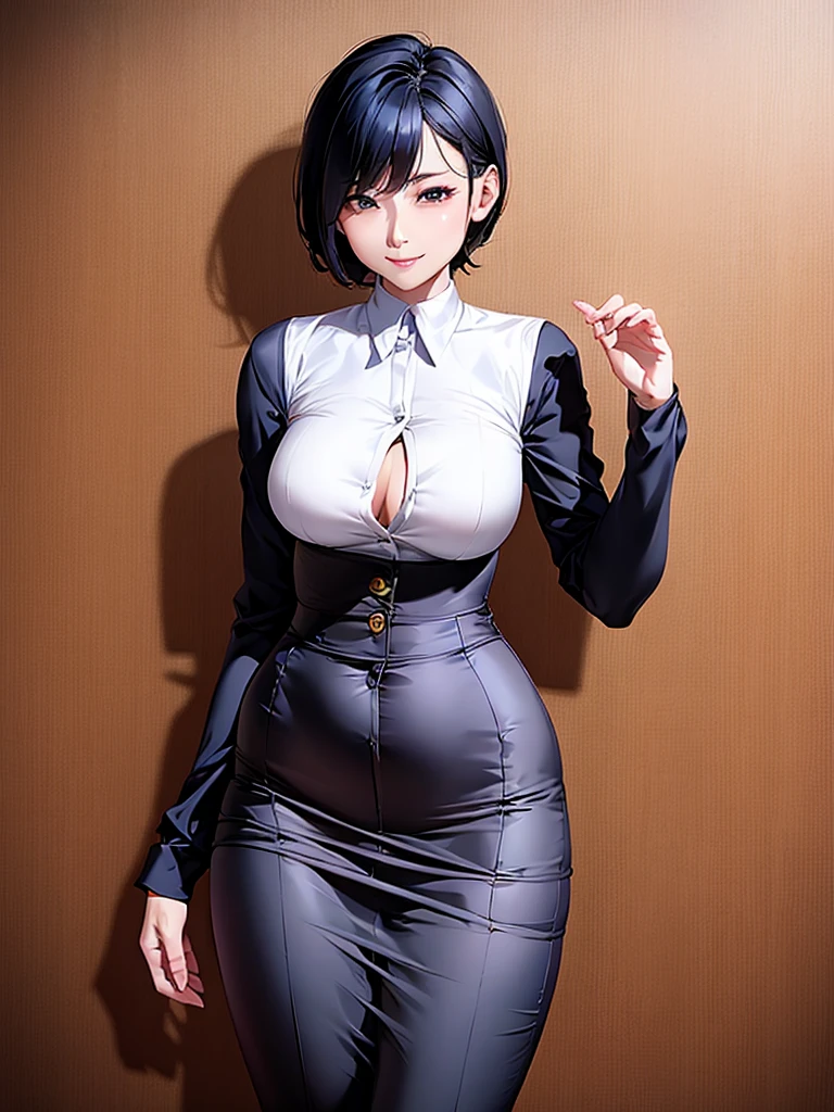 Highest quality、masterpiece、8k、Very detailed、Realistic、Looking at me with a smile、whole body、Black Hair、Small face、Slender、Big Breasts、Thin and beautiful legs、narrow and constricted waist,、Sleeveless shirt with buttons and a collar、A very long tight skirt that accentuates the shape of the buttocks、A shirt that accentuates the shape of your body、A shirt that accentuates the shape of the chest、Erect nipples、Underbust corset、All buttons on the shirt are open