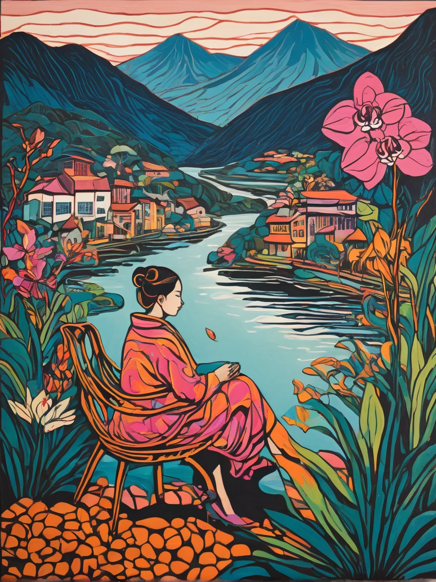 simple forms. childish. A woman sitting on a chair with an owl and a big frog and a river. modern expressionism, woodcut print of a mountain and many houses, big orchids,and mountain birds small and big, pastel colors. bold lines, high contrast,