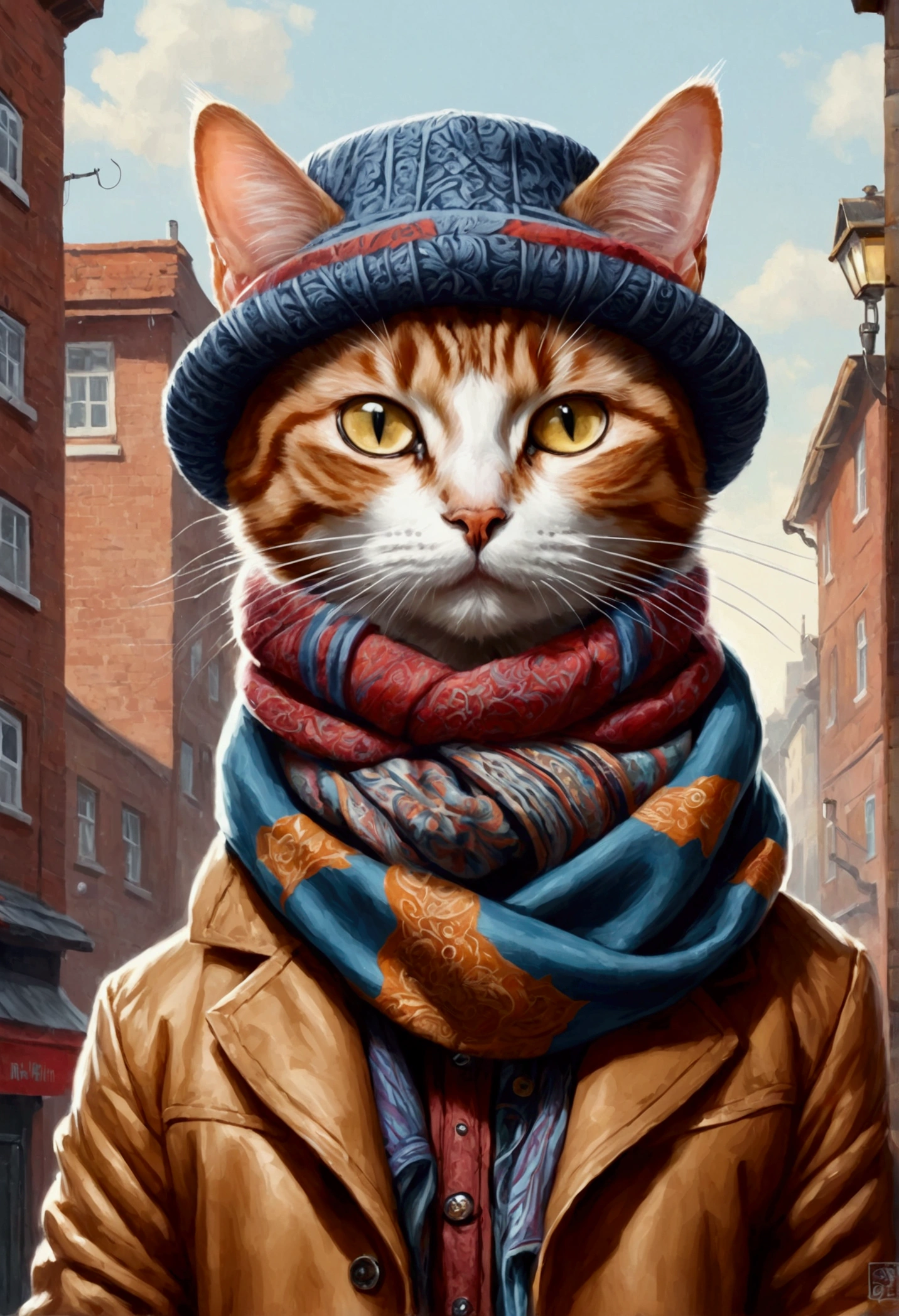A painting of a cat with a hat and scarf, Trend on Art Station, facial focus, detailed, non-realistic rendering, British gang member, Streetstyle, intimidating pose, Planet of Cats, Highlight face , urban samurai, meow, West Slavic characteristics, 8 1 5, Tiere