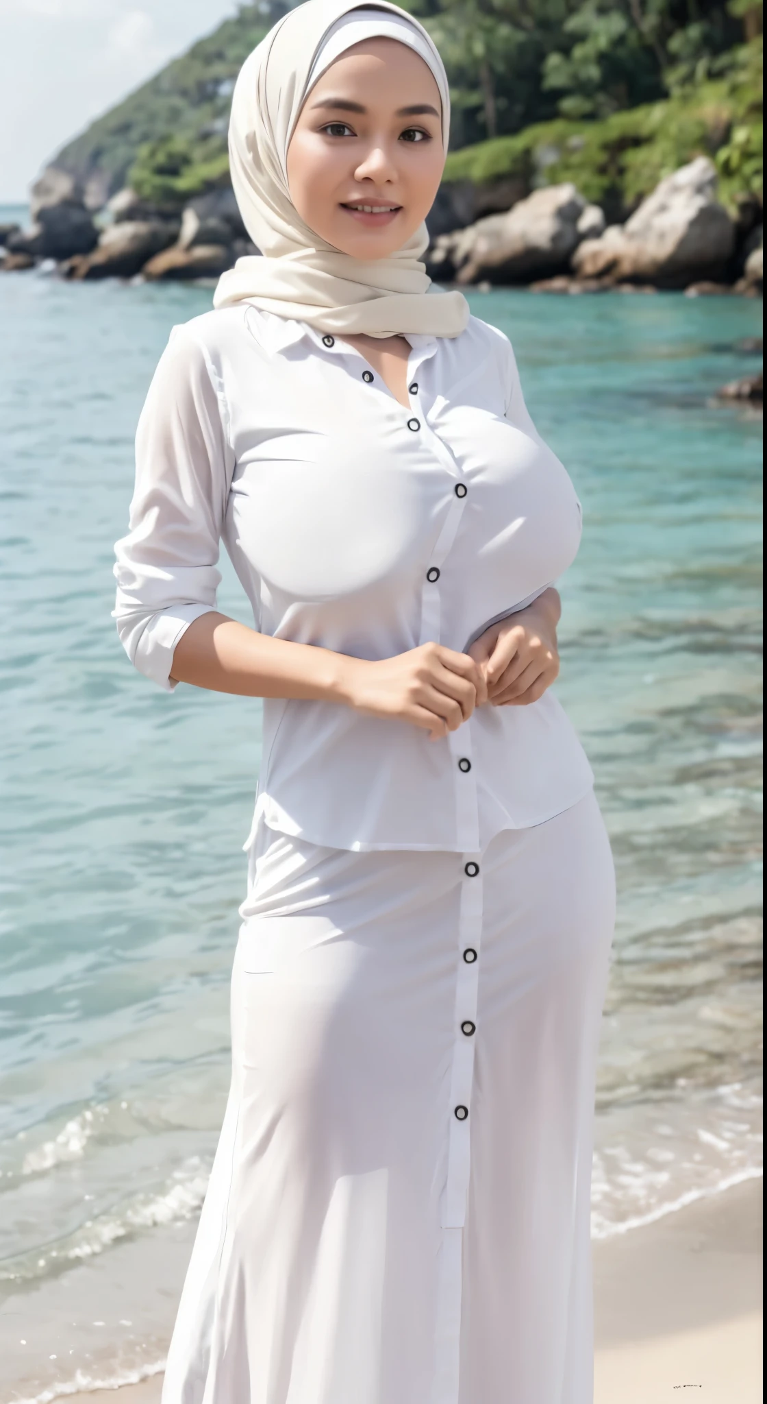50 years Old, Hijab Indonesian mature woman, Big Tits : 66.9, Gamis, Breast out from her clothes : 1.9, at doctor office, Dark light, at Nighttime