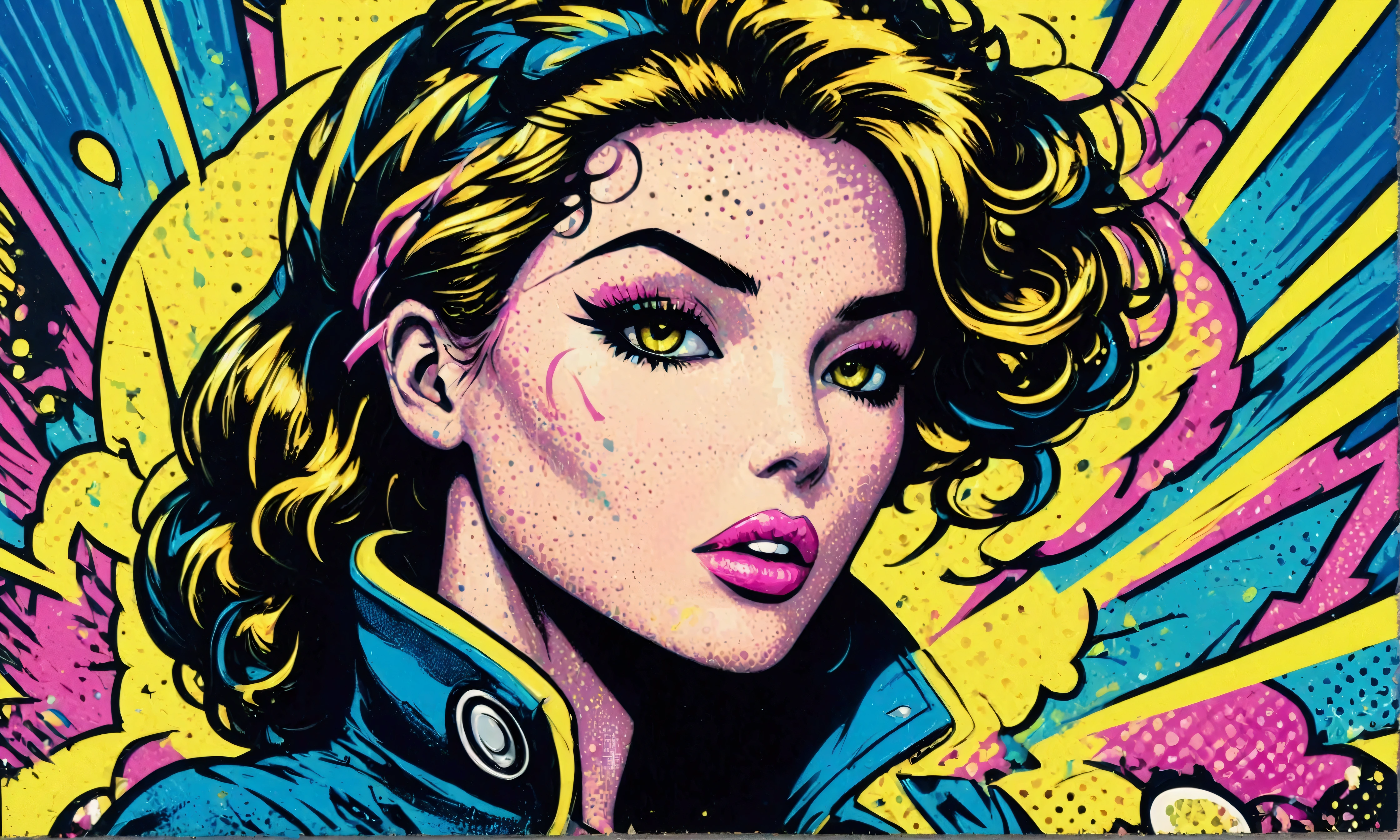 A portrait blending pop art, intricately detailed classic comic book illustrations, and graffiti style featuring a central woman against a vibrant background of electric blue and neon yellow. The composition includes bold, black outlines and splashes of pink, creating a dynamic contrast. The atmosphere is energetic and urban, with elements suggesting movement and spontaneity. Incorporate textures reminiscent of spray paint drips and comic book dot patterns to enhance the visual interest. 
