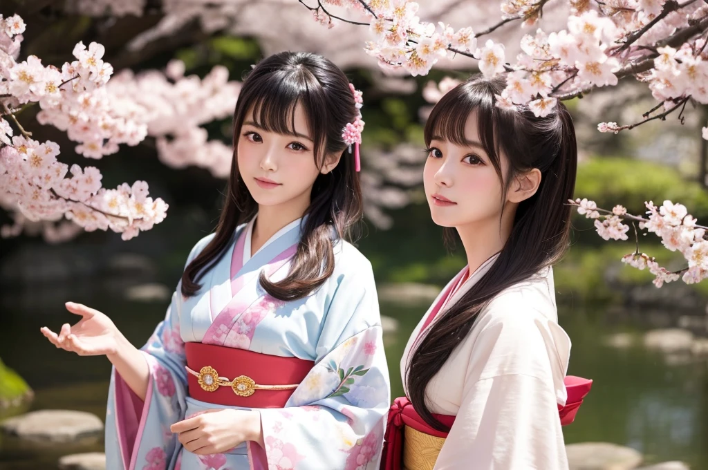 Highest quality、masterpiece、Highest detail、((A Japanese idol beauty))、Japanese Kimono、meditation、Spring scenery with cherry blossoms falling、