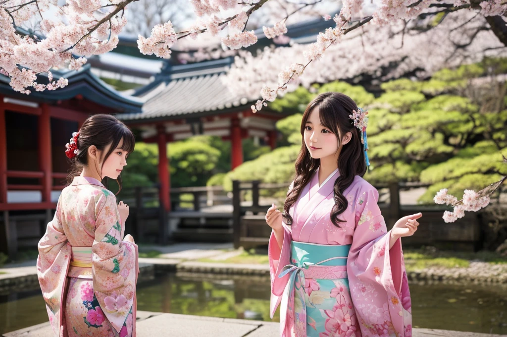 Highest quality、masterpiece、Highest detail、((A Japanese idol beauty))、Japanese Kimono、meditation、Spring scenery with cherry blossoms falling、