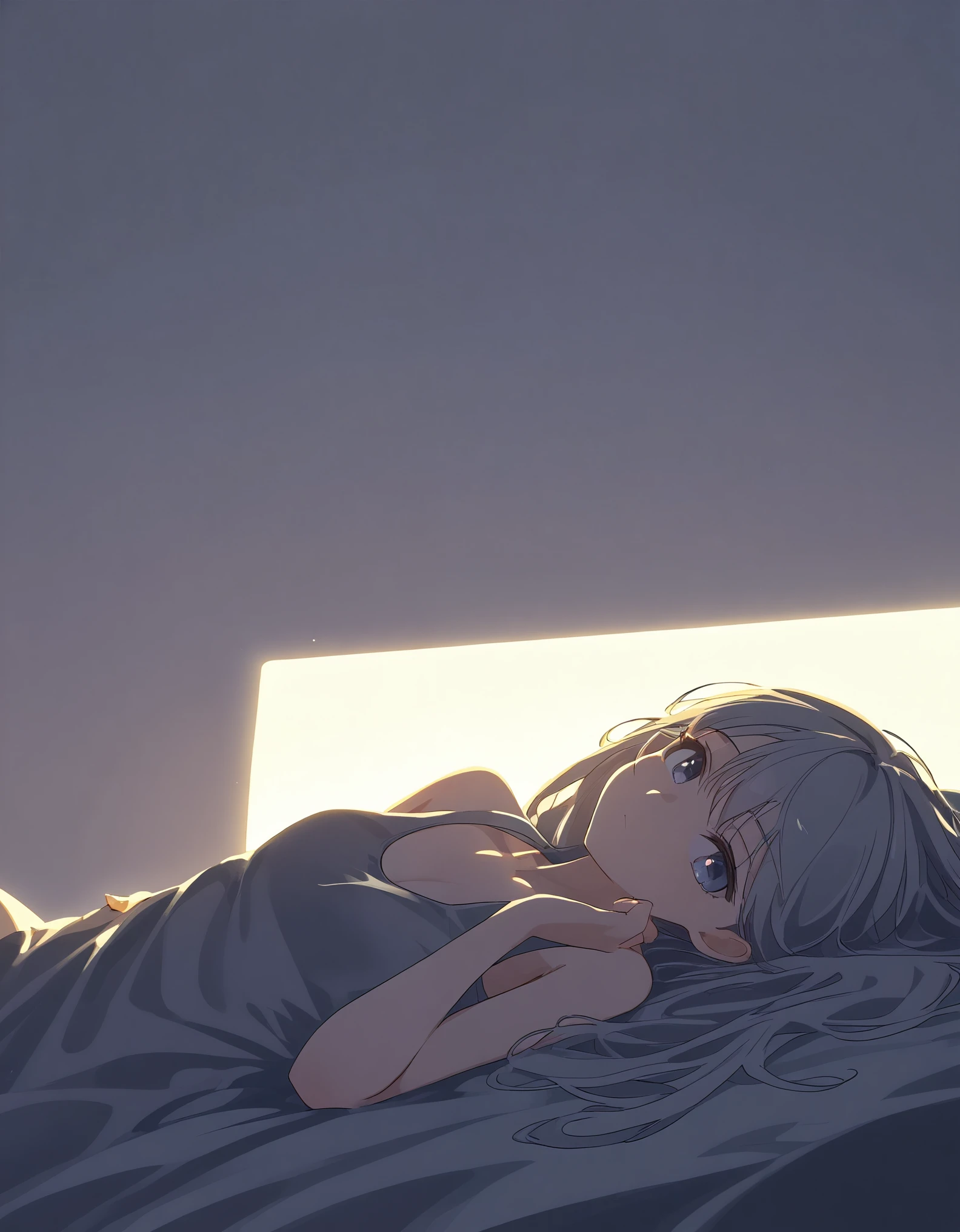 The image is a detailed illustration of a woman with long, flowing hair and a greenish hue, lying on a bed in a relaxed position, wearing a gray tank top, Super resolution, Megapixel, ProPhoto RGB, VR, Bullish, epic, half back lighting, backlights, natural lighting, incandescent light, fiber optics, lighting mood lighting, cinema lighting, studio lighting, soft lighting, volumetric, sharp contrast, dark lighting
