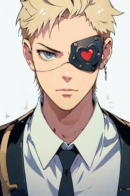 1 male , 1 eye covered with eye patch, (tall man, slim, manly, dominate,  buzzed blonde hair, tough, wearing goth outfit, has 1 earring.) best quality, ultra-detailed, illustration, complex, detailed, extremely detailed, detailed face, soft light, soft focus, perfect face, illustration: Full Body