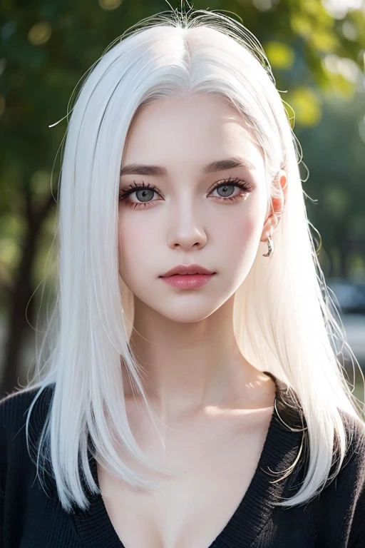girl with white hair and dark brown eyes, 18 years