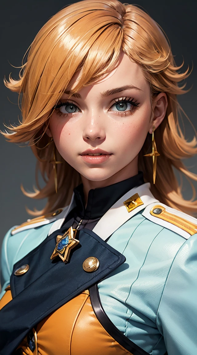 light smile, glowing skin, better quality, illustration, (realistic:1.4) 여성 soldier, female officer, soldier, military uniform, Permed hair, orange hair, Orange eyes