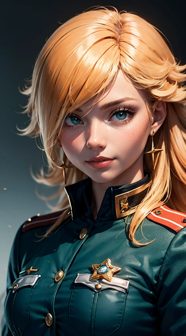light smile, glowing skin, better quality, illustration, (realistic:1.4) 여성 soldier, female officer, soldier, military uniform, Permed hair, orange hair, Orange eyes