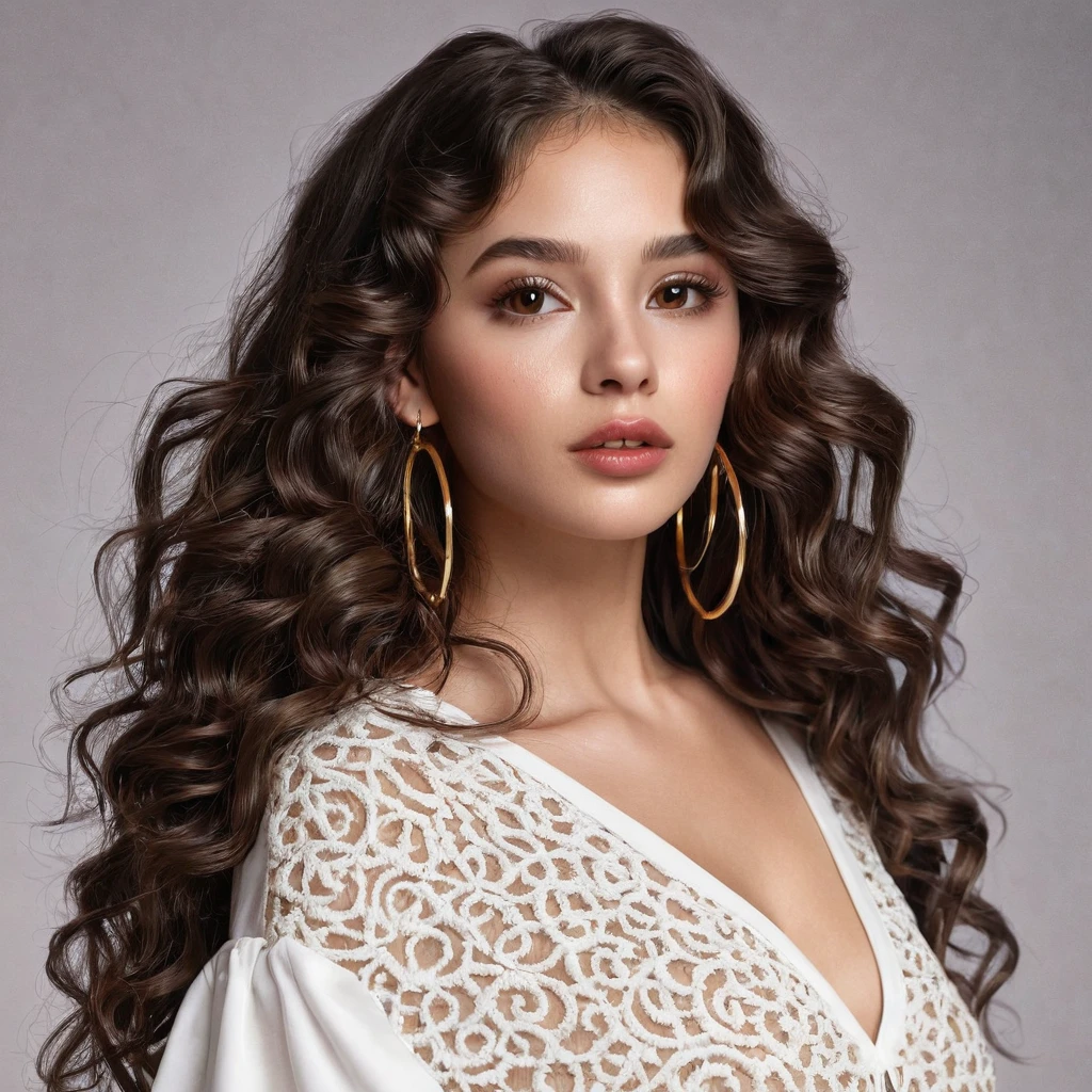 1girl, latin, long Hair,curly hair, dark brown Hair,big hoop Earrings, Parted Lips, Makeup,pretty lips, brown eyes, Realism, Anatomically Correct, High Resolution, trendy and classic fashion, Shiny Hair, small face, youthful, full body perspective, trendy clothes