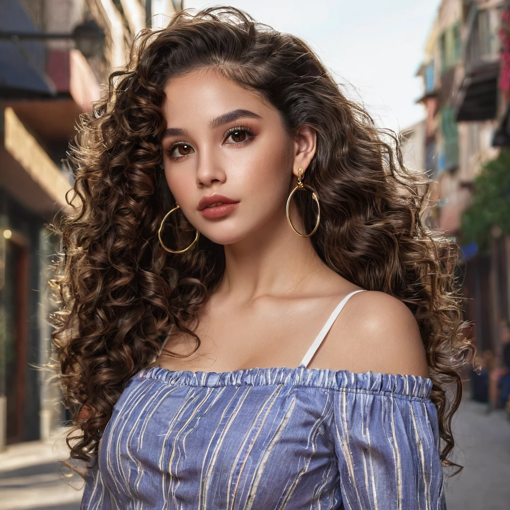 1girl, latin, long Hair,curly hair, dark brown Hair,big hoop Earrings, Parted Lips, Makeup,pretty lips, brown eyes, Realism, Anatomically Correct, High Resolution, trendy and classic fashion, Shiny Hair, small face, youthful, full body perspective, trendy clothes