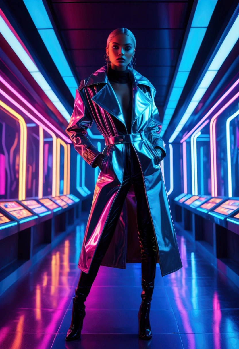 (Fashion Model), 35mm photograph, in a futuristic setting, illuminated by neon lights, full body, award-winning, cinematic still, emotional, vignette, dynamic, vivid, (masterpiece, best quality, Professional, perfect composition, very aesthetic, absurdres, ultra-detailed, intricate details:1.3)