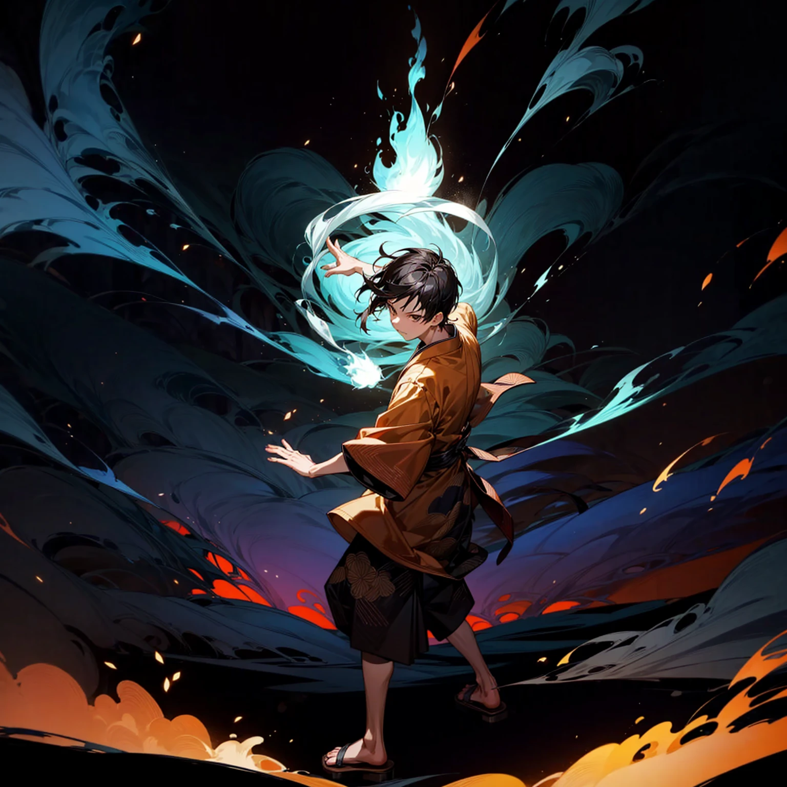 Solo, boy, full body version, Grassroots, ultra detailed, motion blur, brown eyes, black hair, short haircut, ancient Japanese traditional clothing style, Sandals, full background fire town, (one piece style art), standing gesture, big fire on hand, big fire in hand, Face focuses on hands, smoke effect on background, plasma effect, aura effect, light fire effect on hand, high angle view 