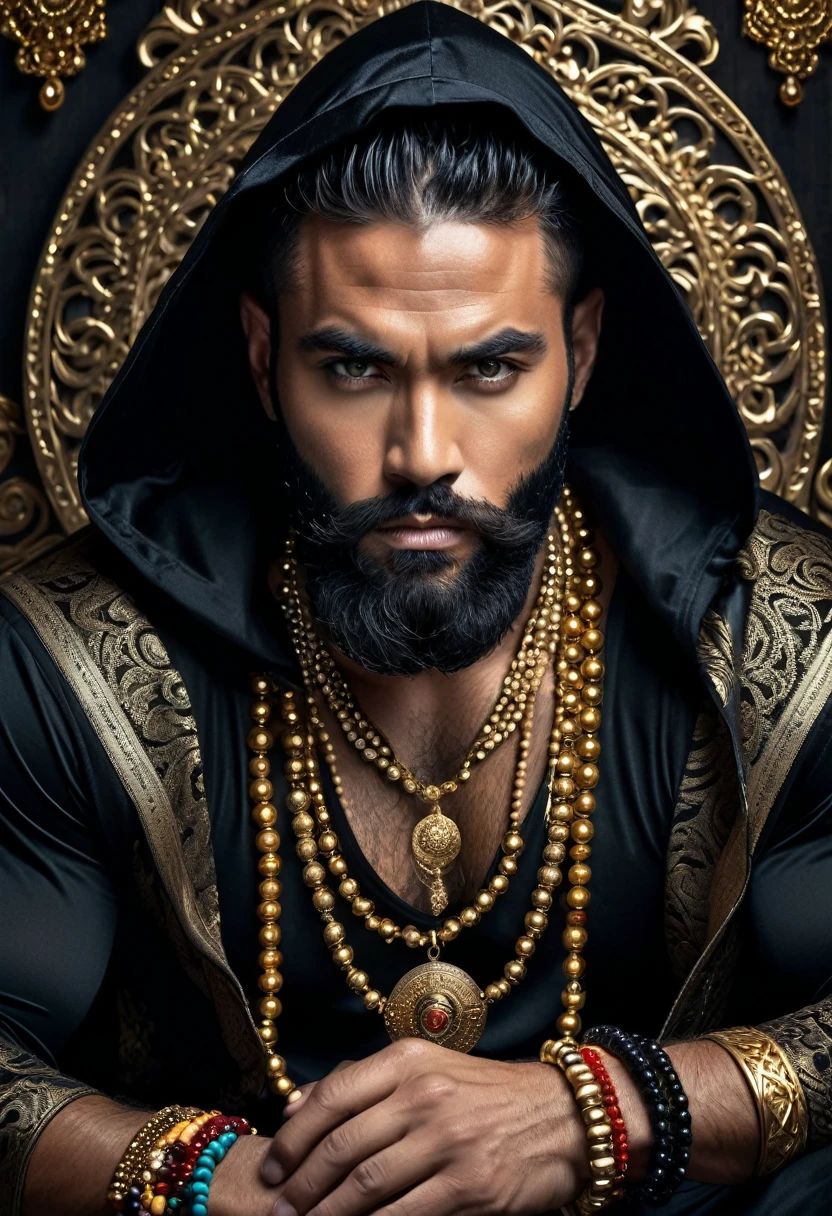 Create an image of a strong and imposing man with a dark beard, sitting confidently. He is adorned with multiple layers of ornate jewelry, including beads, medallions, and bracelets. The man is dressed in dark, traditional clothing with a hood and gold accents, revealing his muscular chest. The background is dark and mysterious, enhancing the intensity of his gaze and the richness of his attire.