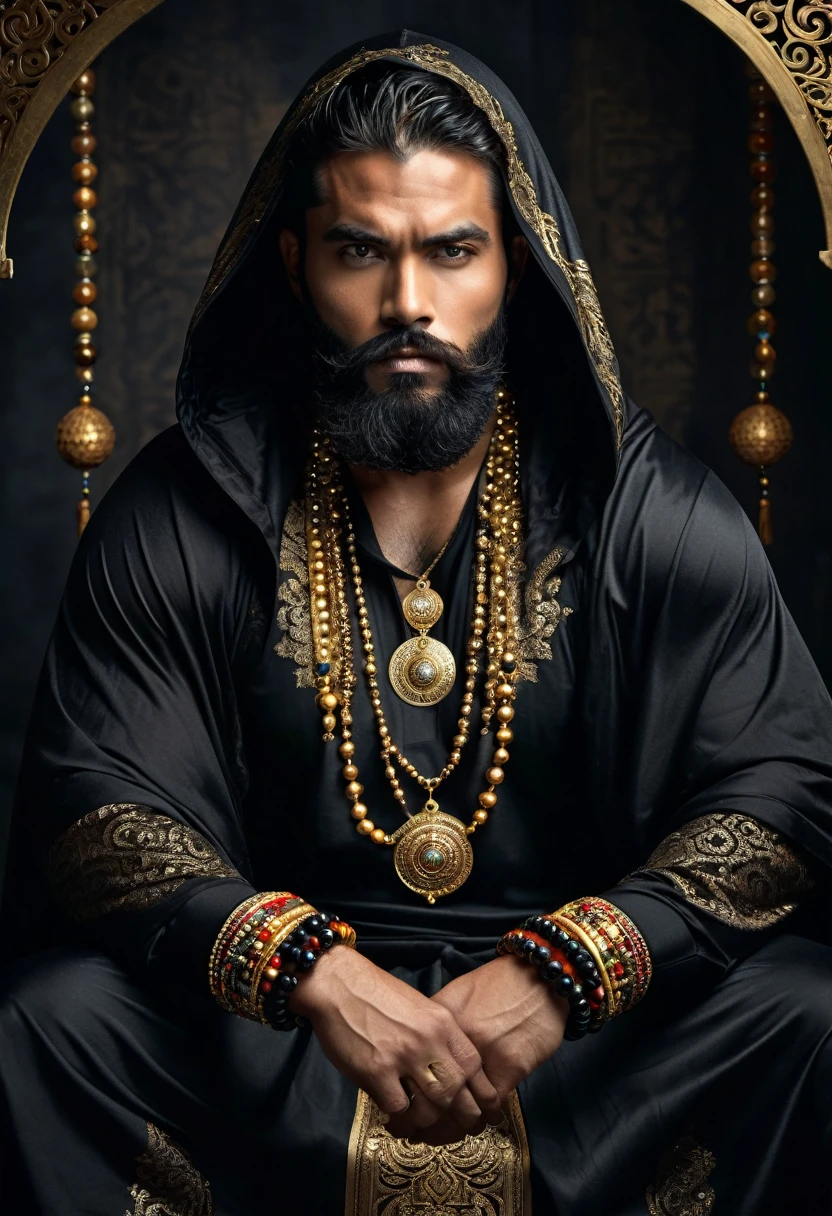 Create an image of a strong and imposing man with a dark beard, sitting confidently. He is adorned with multiple layers of ornate jewelry, including beads, medallions, and bracelets. The man is dressed in dark, traditional clothing with a hood and gold accents, revealing his muscular chest. The background is dark and mysterious, enhancing the intensity of his gaze and the richness of his attire.