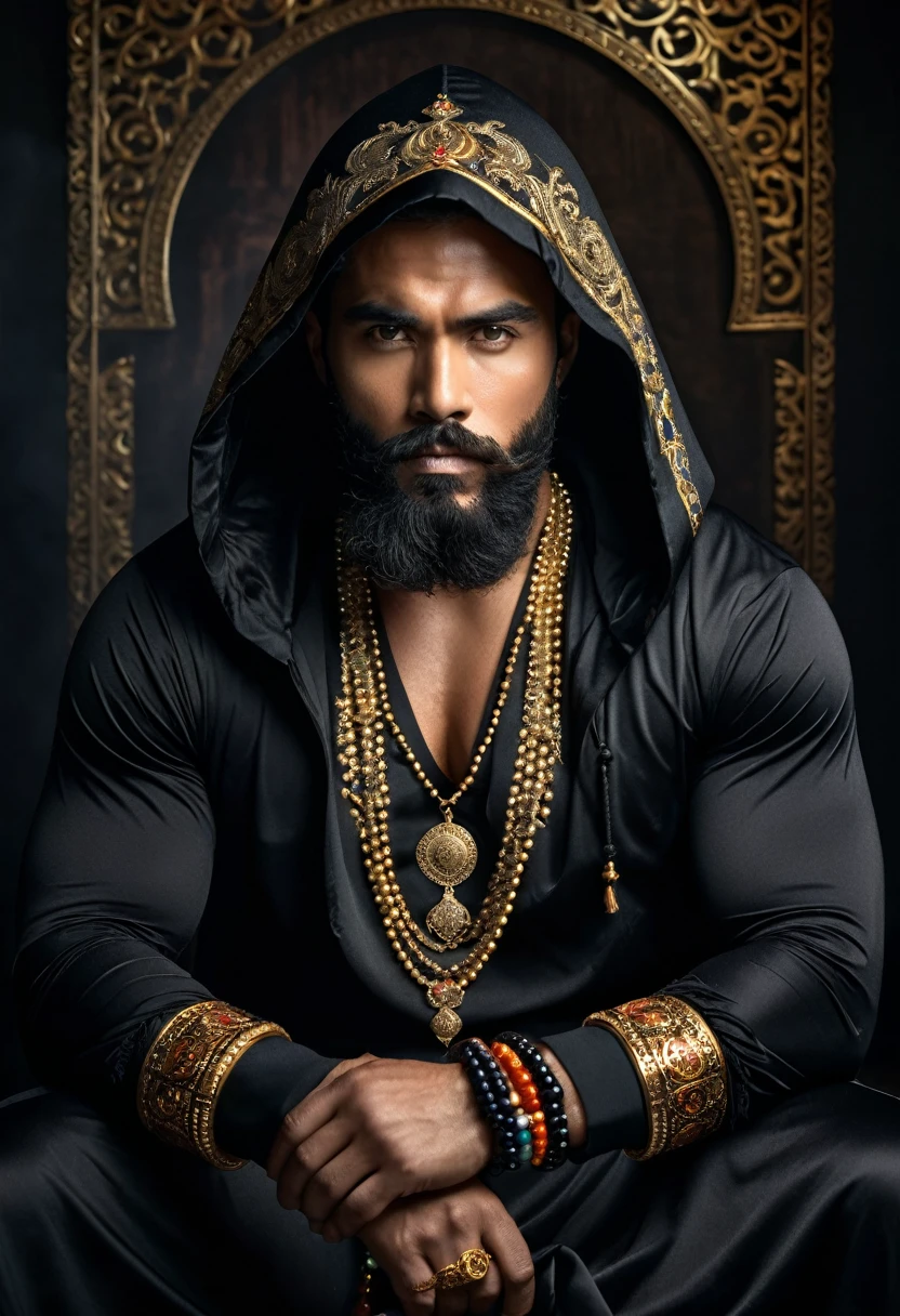 Create an image of a strong and imposing man with a dark beard, sitting confidently. He is adorned with multiple layers of ornate jewelry, including beads, medallions, and bracelets. The man is dressed in dark, traditional clothing with a hood and gold accents, revealing his muscular chest. The background is dark and mysterious, enhancing the intensity of his gaze and the richness of his attire.