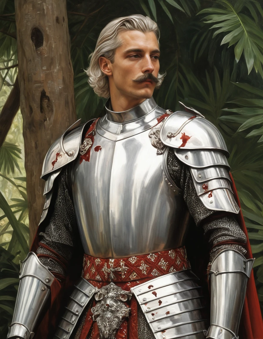 {Masterpiece, best quality, oil painting, soft tones, male focus}, ((by James Tissot, J. C. Leyendecker)), ((((the full body portrait of a male knight, tall, young, muscular, silver hair, silver moustache, tan skin, sullen, arrogant, covered in blood and viscera, wearing plate armor, with a red diamond shape in his chest. Jungle background, hawk moths flying))))