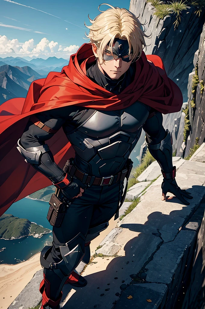 Master Man stands firmly in the center of the image, embodying determination and strength with a confident posture. His athletic and muscular build is accentuated by his outfit. He wears a large red hood with golden details at the top. Beneath the hood, he has a helmet or mask that covers the upper part of his face, leaving his eyes visible. This mask resembles lightweight armor. The character dons a flowing red cape that reaches the ground, made from a light and fluid material. Over a black tunic, he wears a black tactical vest with various pockets and straps. This vest features a utilitarian design with multiple compartments for carrying equipment or supplies. On his arms, Master Man sports golden bracelets with white straps, adding an elegant touch to the armor. The lower part of his outfit consists of black tactical pants that fit at the waist and extend down to his ankles. Under the tunic, he wears long white fitted socks that cover his legs down to his feet. His footwear is high-tech and imposing. Master Man’s face is partially covered by the helmet, showing only his intense, focused eyes. His skin has a tanned tone, and his blonde hair is visible in strands. He stands on a rocky plateau outdoors, on the edge of a cliff overlooking a vast landscape of mountains and valleys. The sky is partly cloudy, with rays of sunlight filtering through the clouds, casting a heroic glow on his figure. Behind him, buildings are visible in the distance.