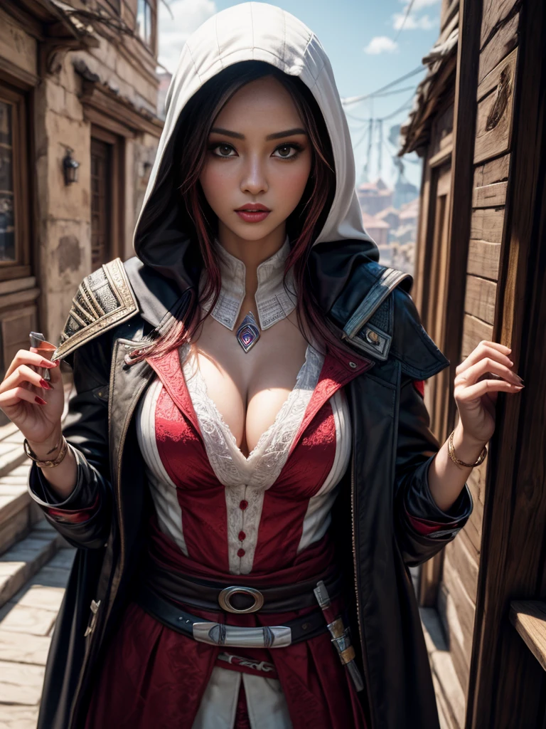 (best quality,4k,8k,highres,masterpiece:1.2)female,captivating eyes,pouty lips,seductive expression,expressive face,flowing vibrant hair,colored hair,2color hair,colored skin,random perfectly body,full body, random flirtatious pose,looking directly into the camera,showing confidence,she is wearing sexy outfit, ((assassin creed outfit)), white and red outfit