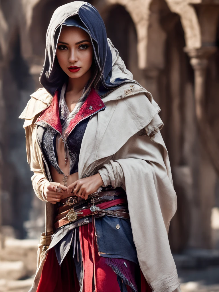 (best quality,4k,8k,highres,masterpiece:1.2)female,captivating eyes,pouty lips,seductive expression,expressive face,flowing vibrant hair,colored hair,2color hair,colored skin,random perfectly body,full body, random flirtatious pose,looking directly into the camera,showing confidence,she is wearing sexy outfit, ((assassin creed outfit)), white and red outfit