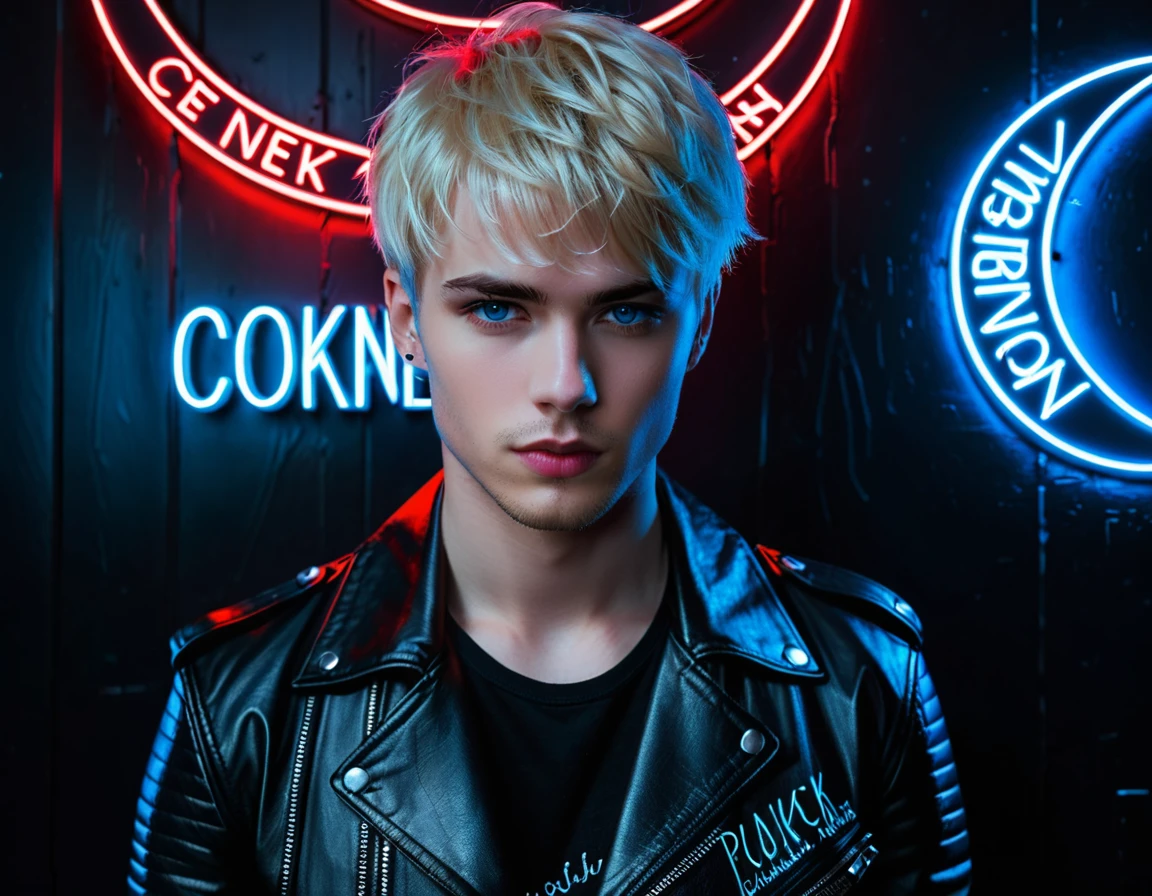 Hyper realistic, dark vibes, solo, attractive young guy, male, 22 years, (holding knife:1.1) pale skin, blue eyes, (short textured blond hair:1.1), layered bangs, gothic black leather jacket, black eyeliner, dark lighting, in luxury BDSM room, (smirk:1.1), (visible neon red crescent moon writing sign in background text "CONTEXT" in blue:1.1)