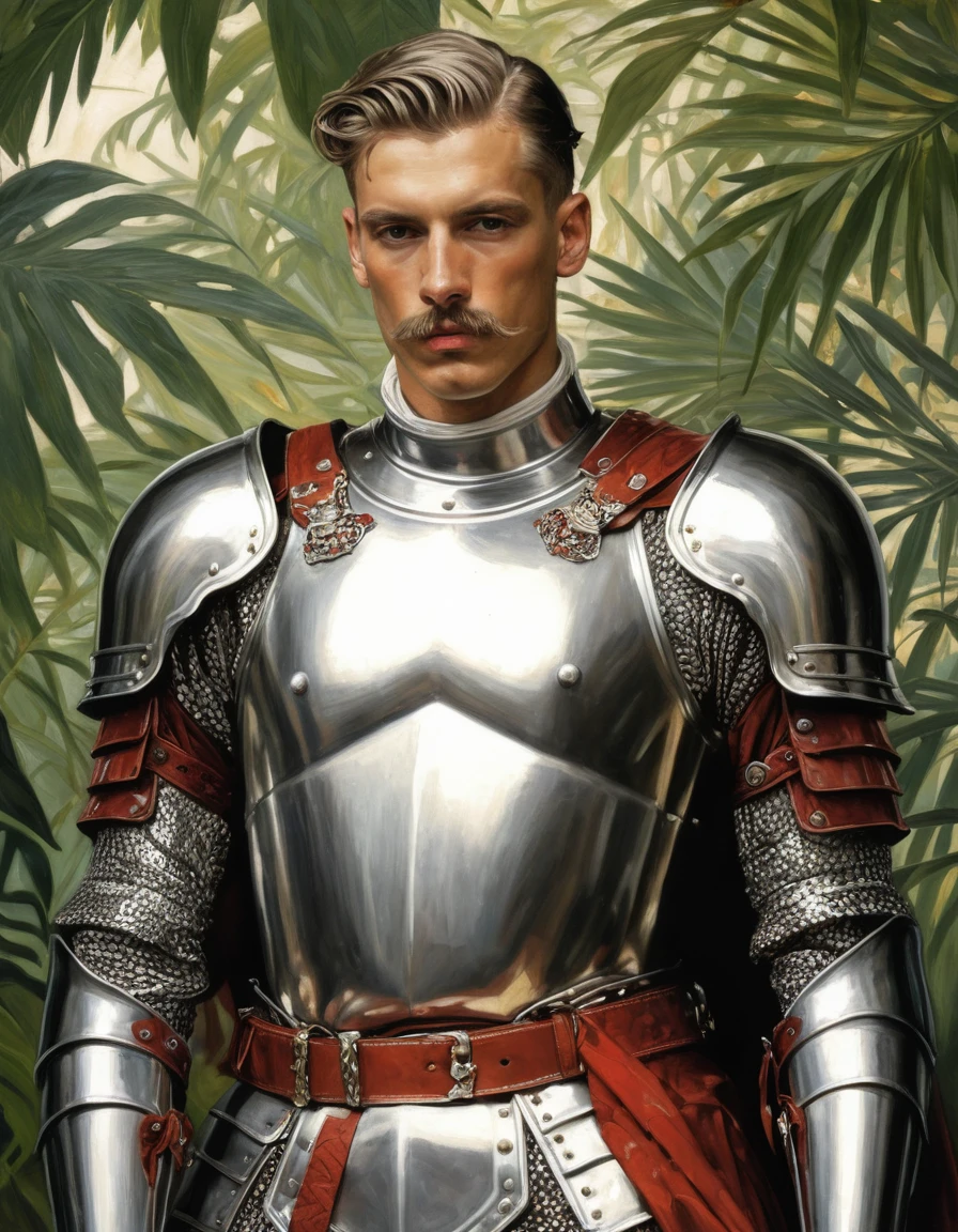 {Masterpiece, best quality, oil painting, soft tones, male focus}, ((by James Tissot, J. C. Leyendecker)), ((((the full body portrait of a male knight, tall, young, muscular, silver hair, silver moustache, tan skin, sullen, arrogant, covered in blood and viscera, wearing plate armor, with a red diamond shape in his chest. Jungle background, hawk moths flying))))