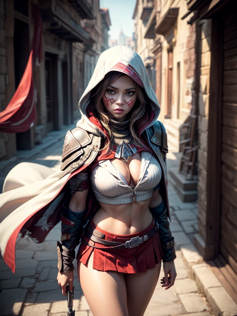 (best quality,4k,8k,highres,masterpiece:1.2)female,captivating eyes,pouty lips,seductive expression,expressive face,colored hair,colored skin,perfectly body,full body, random flirtatious pose,looking directly into the camera,showing confidence,she is wearing sexy outfit, ((assassin creed outfit)), white and red outfit ,White cloak,Full face mask, hidden blade