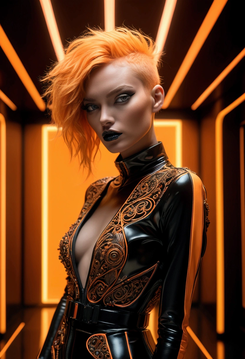 (Fashion Model), 35mm photograph, photorealistic, in the style of neonpunk, light orange and light black, mood lighting, full body, award-winning, cinematic still, emotional, vignette, dynamic, vivid, (masterpiece, best quality, Professional, perfect composition, very aesthetic, absurdres, ultra-detailed, intricate details:1.3)
