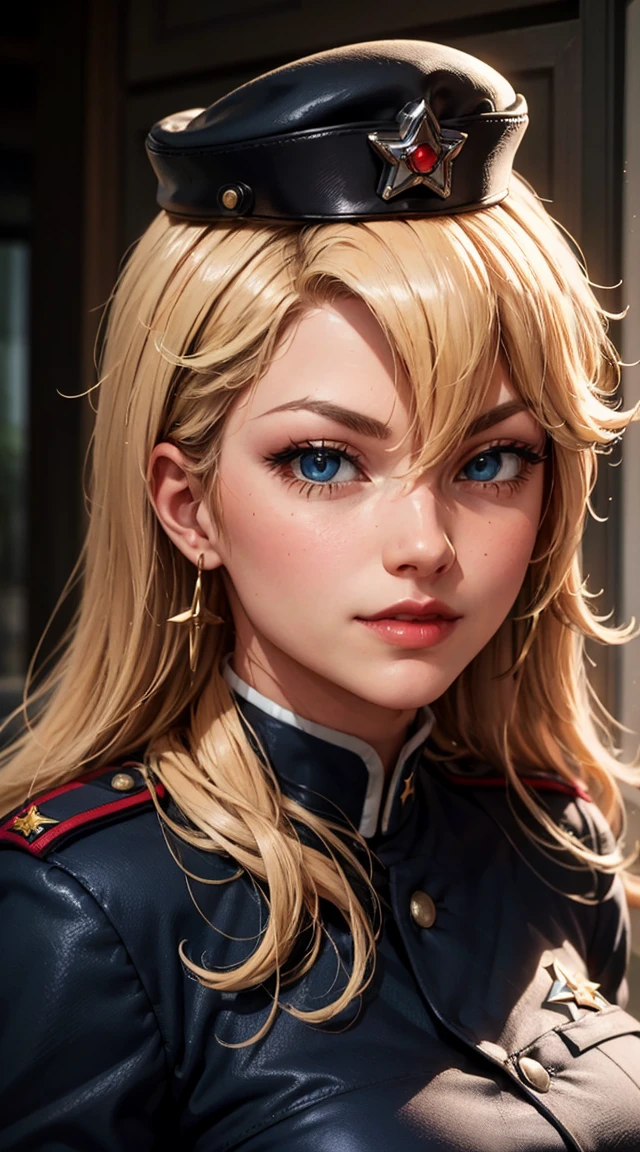 light smile, glowing skin, better quality, illustration, (realistic:1.4) 여성 soldier, female officer, soldier, military uniform, Permed hair, orange hair, Orange eyes