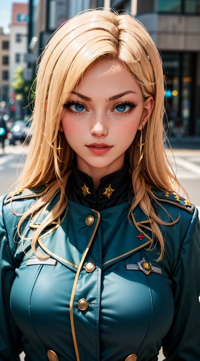 light smile, glowing skin, better quality, illustration, (realistic:1.4) 여성 soldier, female officer, soldier, military uniform, Permed hair, orange hair, Orange eyes