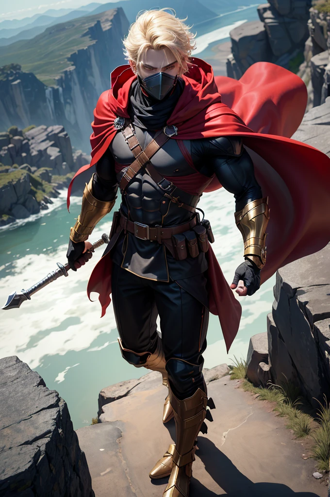 Master Man stands firmly in the center of the image, embodying determination and strength with a confident posture. His athletic and muscular build is accentuated by his outfit. He wears a large red hood with golden details at the top. Beneath the hood, he has a helmet or mask that covers the upper part of his face, leaving his eyes visible. This mask resembles lightweight armor. The character dons a flowing red cape that reaches the ground, made from a light and fluid material. Over a black tunic, he wears a black tactical vest with various pockets and straps. This vest features a utilitarian design with multiple compartments for carrying equipment or supplies. On his arms, Master Man sports golden bracelets with white straps, adding an elegant touch to the armor. The lower part of his outfit consists of black tactical pants that fit at the waist and extend down to his ankles. Under the tunic, he wears long white fitted socks that cover his legs down to his feet. His footwear is high-tech and imposing. Master Man’s face is partially covered by the helmet, showing only his intense, focused eyes. His skin has a tanned tone, and his blonde hair is visible in strands. He stands on a rocky plateau outdoors, on the edge of a cliff overlooking a vast landscape of mountains and valleys. The sky is partly cloudy, with rays of sunlight filtering through the clouds, casting a heroic glow on his figure. Behind him, buildings are visible in the distance.