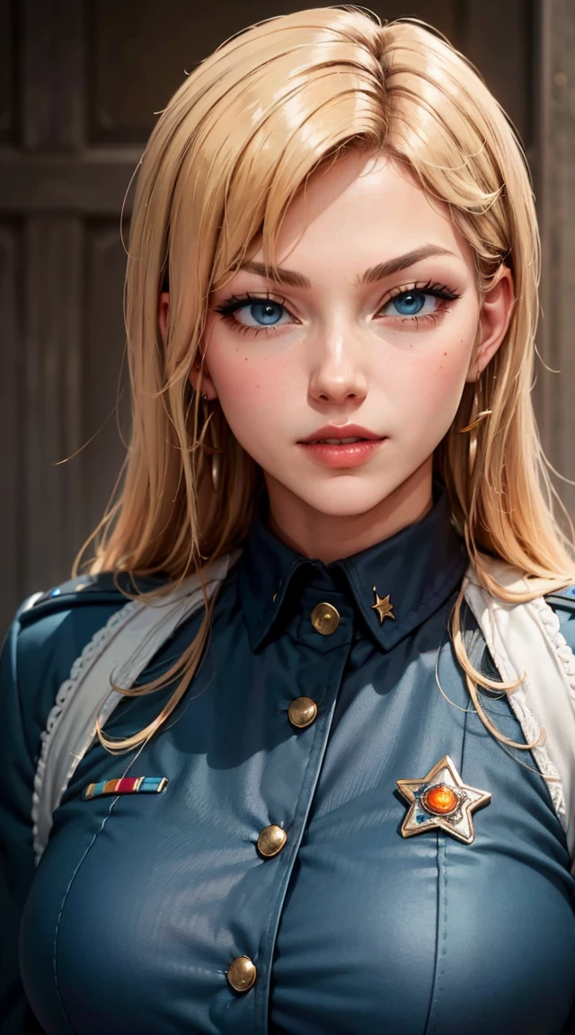 Orange eyes, light smile, glowing skin, better quality, illustration, (realistic:1.4) 여성 soldier, female officer, soldier, military uniform, Permed hair, orange hair, Orange eyes