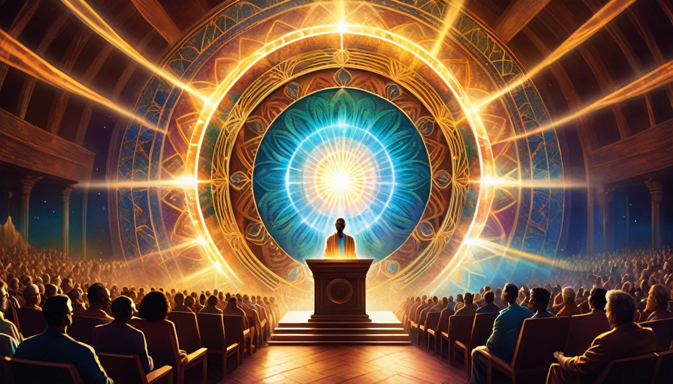 "A digital image illustrating an illuminated speaker, radiating light and spiritual energy while speaking to an attentive audience. The image must have a detailed and complex artistic style, with fluid lines and vibrant colors that create a mystical atmosphere. The color palette should include gold, blue and earthy tones, highlighting the speaker's brilliant aura. Spiritual words or symbols flowing from the speaker's mouth, forming intricate patterns in the air, reinforcing the theme of enlightenment and divine communication. The scene should convey a sense of ancient wisdom and heightened spiritual energy."