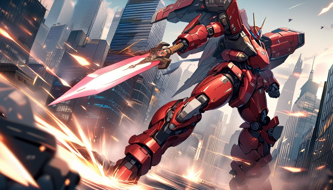 (RRS:1.2), best quality, masterpiece, ultra-detailed, mecha robot, (ultra-detailed mecha armor), full armor, (very large size mecha:1.5), (city:1.5), glowing eyes, (full body:1.2), (mechanical parts:1), (robot joints:1), (military parts:1.5), (heroic parts:0.1), cable, (battle-ready:1.2),(powerful stance:1.3),(Detailed eye description:1.2),(huge mechanical weapon:1.2), (detailed weapon description:1.2), (holding weapon and weapon :1.5)