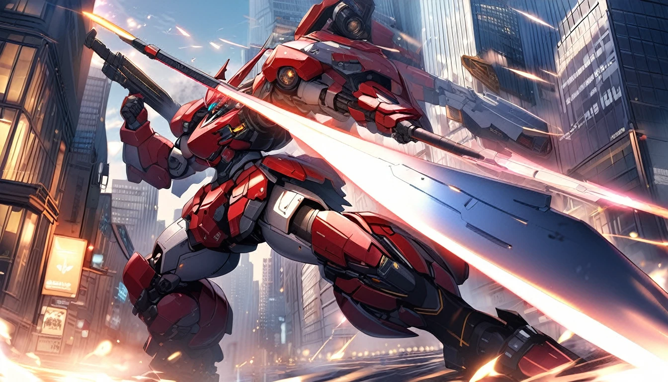 (RRS:1.2), best quality, masterpiece, ultra-detailed, mecha robot, (ultra-detailed mecha armor), full armor, (very large size mecha:1.5), (city:1.5), glowing eyes, (full body:1.2), (mechanical parts:1), (robot joints:1), (military parts:1.5), (heroic parts:0.1), cable, (battle-ready:1.2),(powerful stance:1.3),(Detailed eye description:1.2),(huge mechanical weapon:1.2), (detailed weapon description:1.2), (holding weapon and weapon :1.5)