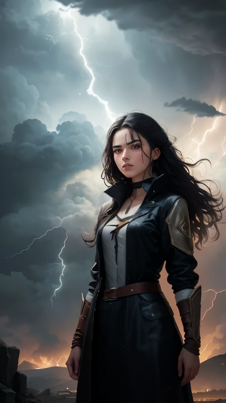 ((best quality)), ((masterpiece)), (detailed), A digital illustration of a long black haired young woman with a lightning bolt scar on her forehead, standing in front of dark storm clouds.