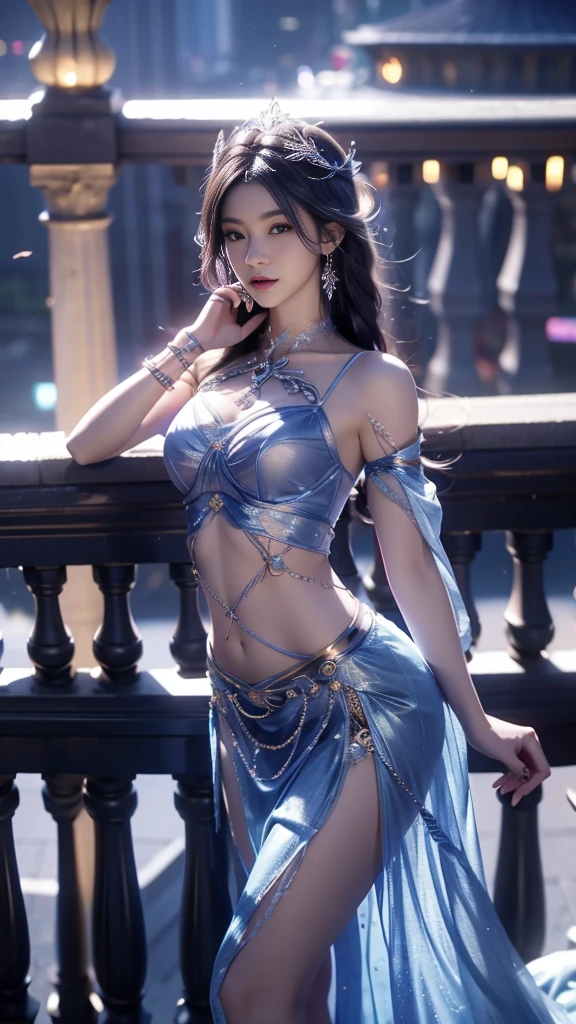 8K, UHD, MAsterpiece, best quality, 1 girl, (realistic face), happy pace, very long hair, small breasts, decorated dress, very beautiful ornaments dress, ((indigo color)), ((lace)), mesh dress, sardine, loops, legendary night balcony, depth of field, cinematic lighting, chromatic aberration, motion blur, glowing light, god rays, ray tracing, reflection light, backlighting, navel short,