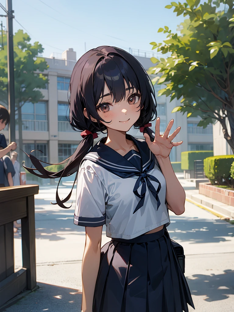 1girl, standing, (waving at the camera with left hand), (hand on chest with right hand), (head tilt), smile, 15yo, 1girl, standing, gentle smile, 15yo, head tilt,
school building on the back,
3-story white school building, outdoor, tree on side, (low twintails girl), low pigtails, red ribbon on hair, very long black hair, white serafuku with blue ribbon, navy-blue collar, navy-blue skirt, (dark brown eye), 1 school bag on right shoulder, afternoon, summer, school, (from front:1.4), upper body, anime, high brightness, detailed face, detailed eyes, (high quality, ultra detailed, masterpiece, super detail, highres, anatomically correct, UDH), good hands, good fingers Japanese anime style, extremely cute