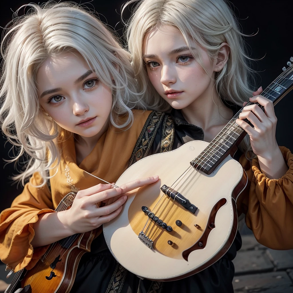 Bard with white hair, glowing orange eyes and mandolin, fluffy hair