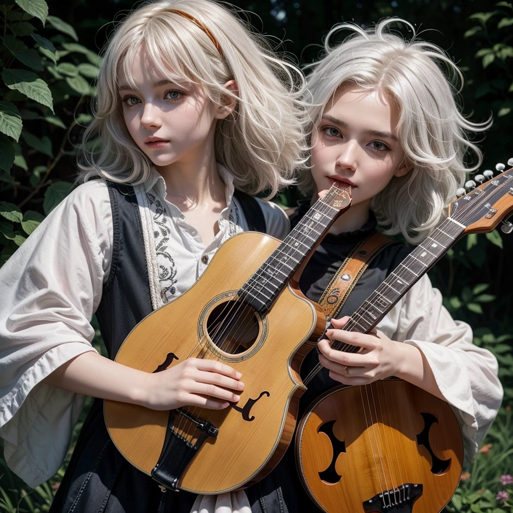 Bard with white hair, glowing orange eyes and mandolin, fluffy hair