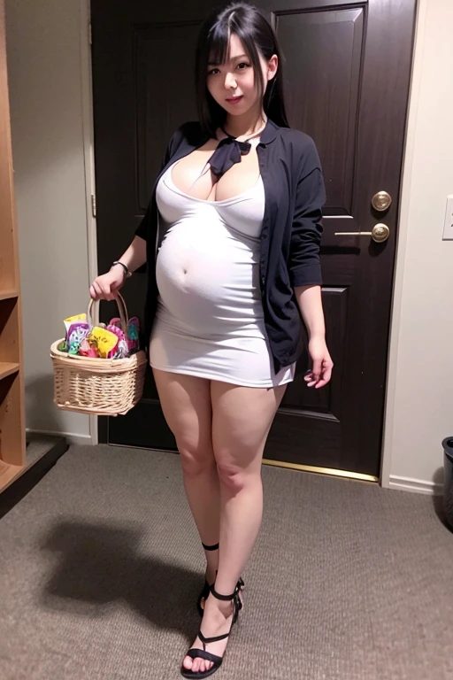 Japanese woman, super huge breasts, wearing a tight dress, with her family full body, sexy dress, milf hot, night halloween party, mini dress halloween, Halloween style,halloween night carrying candy basket with boy, pregnant.