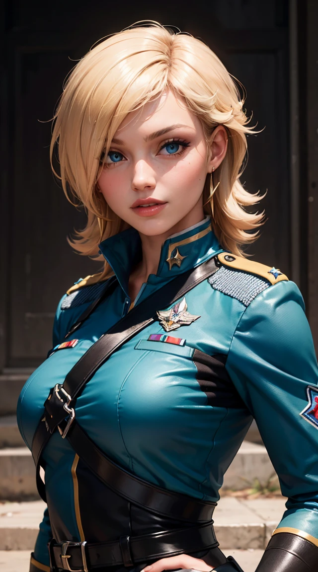good anatomy, masterpiece, best quality,realistic, hyperrealistic, 16k hdr,1 beauty female,Dark blue eyes,blonde hair、Strong gaze、Growing eyes、(Pink Commonwealth Uniforms),ighly detailed、Raw texture、sayla mass、Detailed hand depiction,(ultra miniskirt,micro panties:1.2),medium breasts,(from below,sexy pose,spread legs:1.2),military base background,smile,open jacket