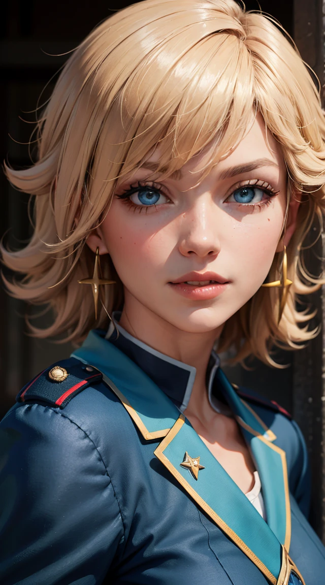 light smile, glowing skin, better quality, illustration, (realistic:1.4) 여성 soldier, female officer, soldier, military uniform, Permed hair, silver hair, Orange eyes, short hair