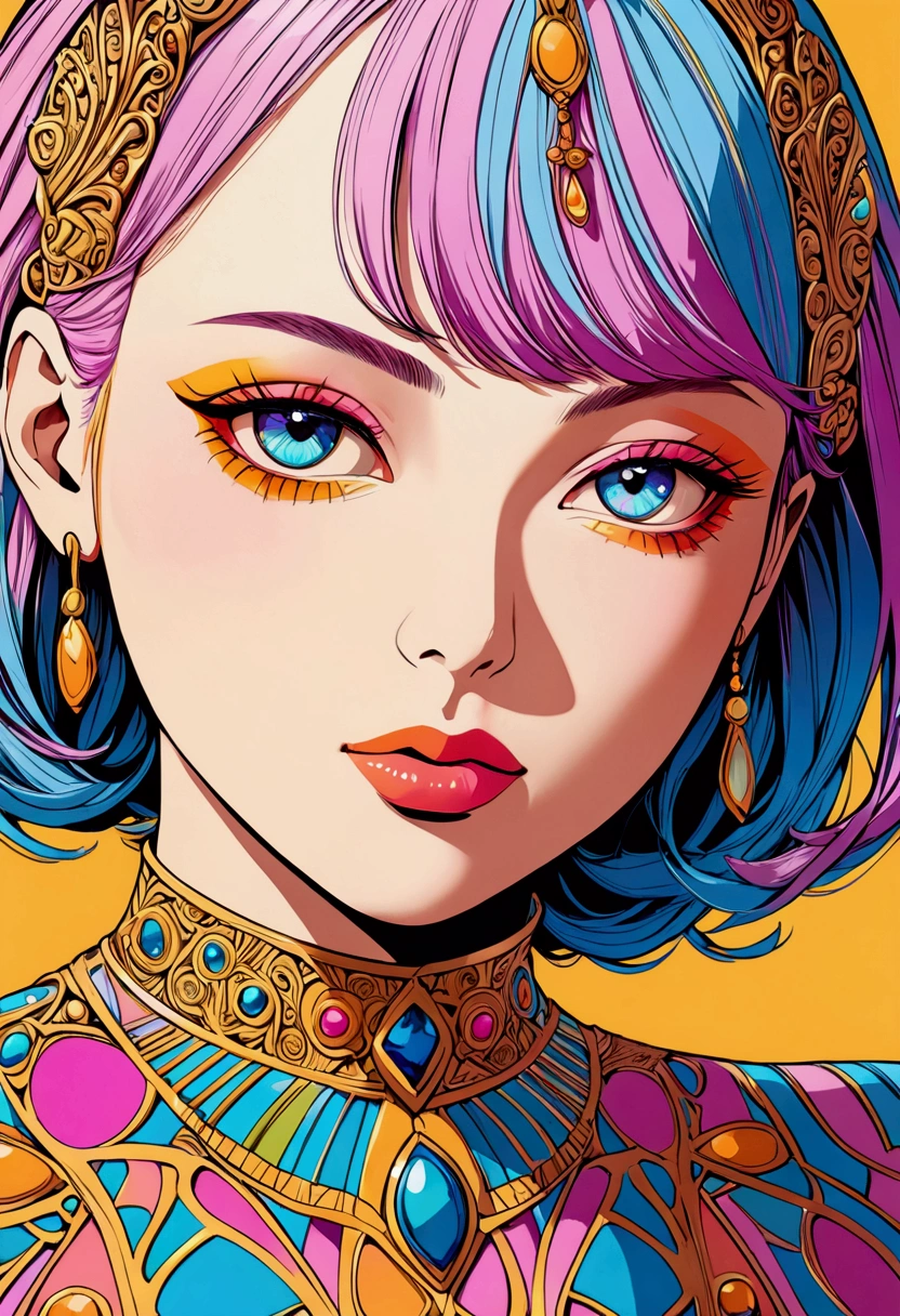 (Fashion Model), 50mm photograph, photorealistic, A portrait in the style of pastel neon colors, comic art style details, The portrait features detailed facial features drawn in a pastels and pencils style with a flat background. The portrait is a 2D illustration with bold lines and a vibrant color palette. lt is a high resolution, high contrast and soft lighting and shadows, full body, award-winning, cinematic still, emotional, vignette, dynamic, vivid, (masterpiece, best quality, Professional, perfect composition, very aesthetic, absurdres, ultra-detailed, intricate details:1.3)