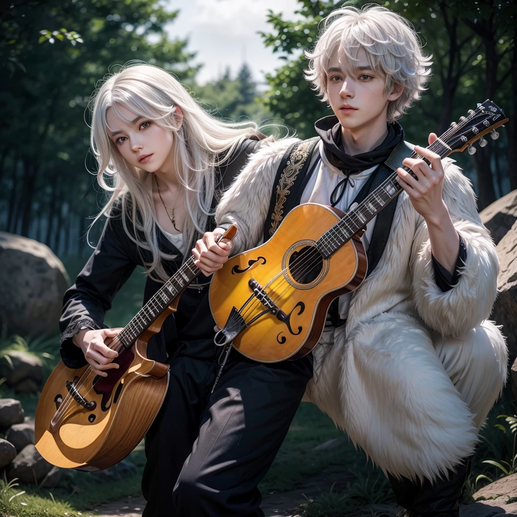 Bard with white hair, glowing orange eyes and mandolin, fluffy hair anime, one person full body