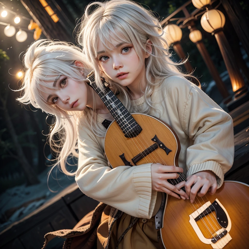 Bard with white hair, glowing orange eyes and mandolin, fluffy hair anime, one person full body