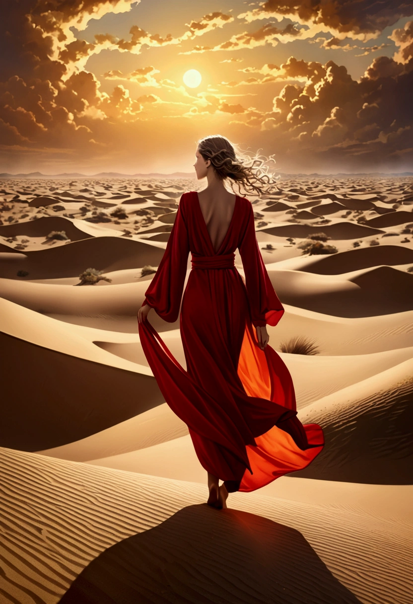 (Fashion Model), 50mm photograph, photorealistic, front view, walks among dunes that sing with the wind. The sands, a (fiery red) tapestry of memories and dreams, shift underfoot, revealing and hiding (golden) ancient secrets with each gust, a testament to the fleeting nature of time, full body, award-winning, cinematic still, emotional, vignette, dynamic, vivid, (masterpiece, best quality, Professional, perfect composition, very aesthetic, absurdres, ultra-detailed, intricate details:1.3)