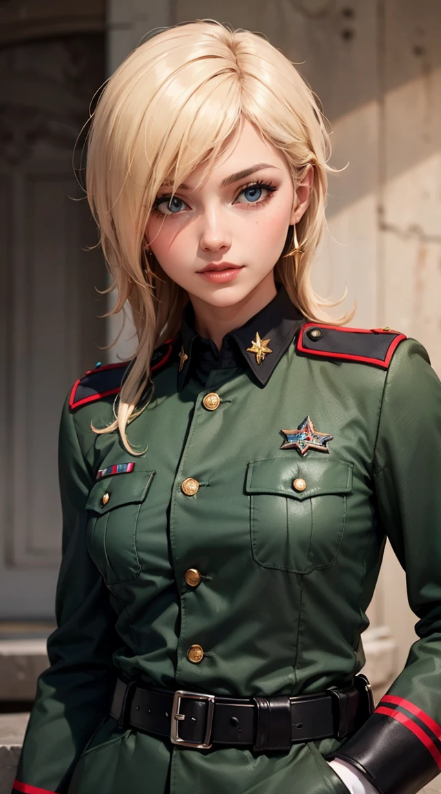 light smile, glowing skin, better quality, illustration, (realistic:1.4) 여성 soldier, female officer, soldier, military uniform, Permed hair, silver hair, Orange eyes, short hair