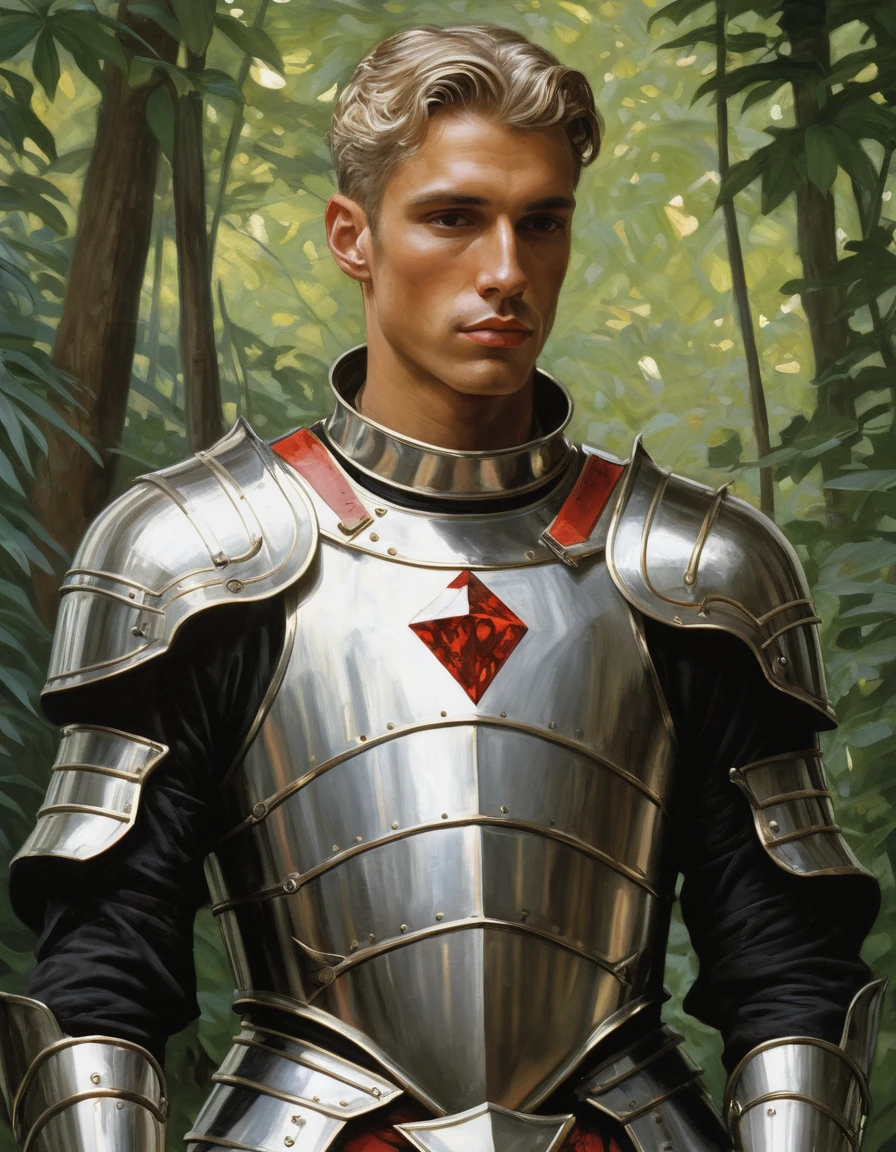 {Masterpiece, best quality, oil painting, soft tones, male focus}, ((by James Tissot, J. C. Leyendecker, Moebius)), (((the full body portrait of a male knight, sexy, tall, young, muscular, silver hair, tan skin, sullen, arrogant))), (((((covered in blood and viscera, wearing plate armor, with a red diamond shape in his chest. Jungle background, hawk moths flying)))))
