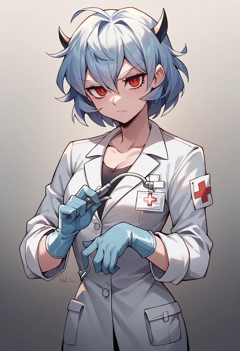 1girl, malina \(helltaker\), ((blue medical gloves)), ((surgical gloves)), ((latex gloves)), ((long sleeves)), looking at viewer, ((white doctor outfit)), standing, solo